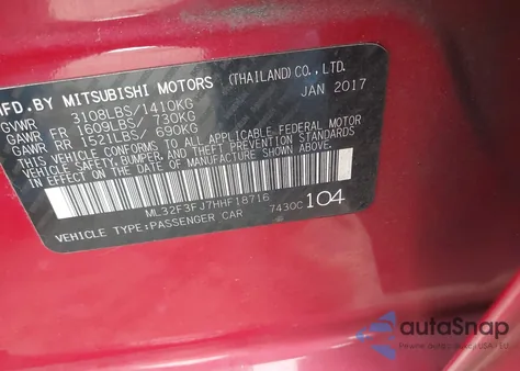 2017 Mitsubishi Mirage G4 Es из США, поврежденный, VIN ML32F3FJ7HHF18716